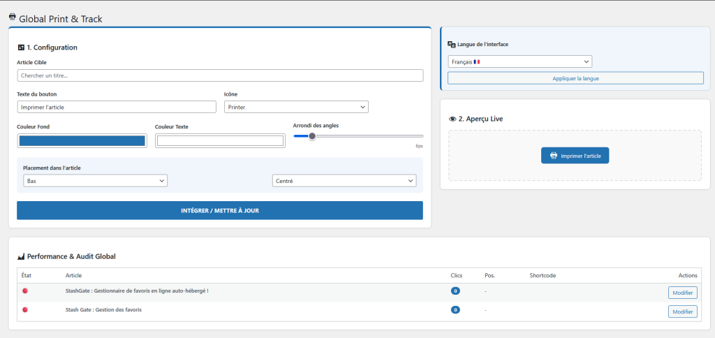 Print & Track est un plugin wordpress pour intégrer où vous le souhaitez dans une page un bouton d'impression.