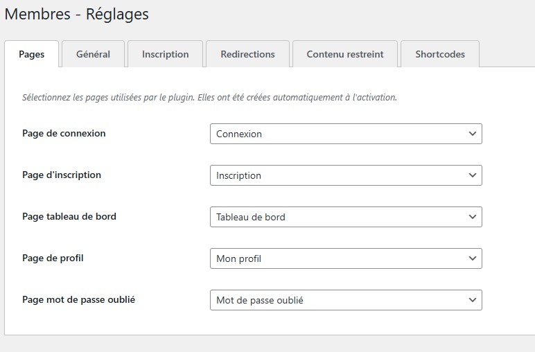 Plugin Membres Gratuit WordPress - Partie administration réglages du plugin