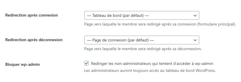 Plugin Membres WordPress Gratuit - Vue de la gestion des redirections