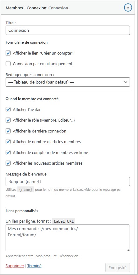 Plugin Membres Gratuit - Gestion complète du widget