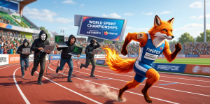 Une mascotte Firefox athlétique, sponsorisée par Anthropic, devance des hackers sur une piste de course dans un stade bondé. Une métaphore visuelle de la vitesse et de la sécurité informatique.