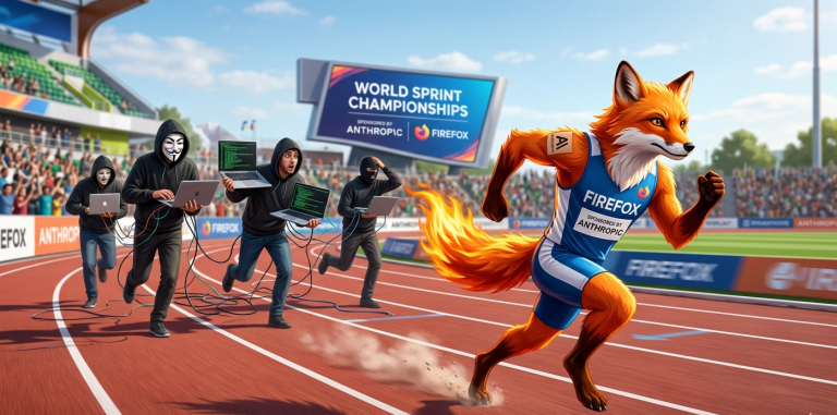 Une mascotte Firefox athlétique, sponsorisée par Anthropic, devance des hackers sur une piste de course dans un stade bondé. Une métaphore visuelle de la vitesse et de la sécurité informatique.