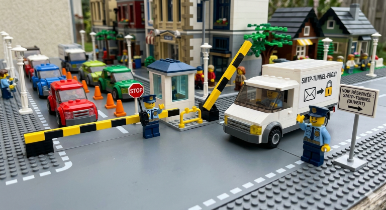 Scène LEGO illustrant un tunnel réseau : des policiers LEGO contrôlent le trafic urbain et laissent passer un camion blanc marqué "SMTP-TUNNEL-PROXY" par une voie réservée, symbolisant le contournement de pare-feu et l'évasion DPI via le protocole SMTP.